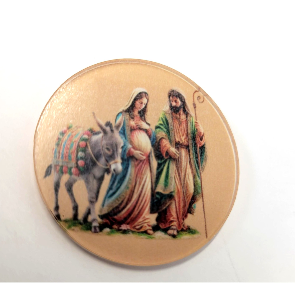 Rustic Christmas Nativity Holy Family Pin Back‎ Button Mary Donkey Joseph New
